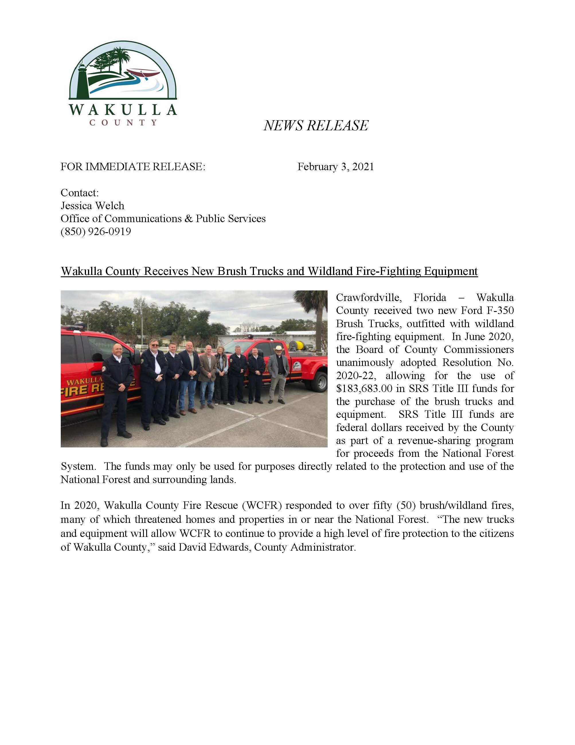 News Release - Wakulla County Recives New Brush Trucks